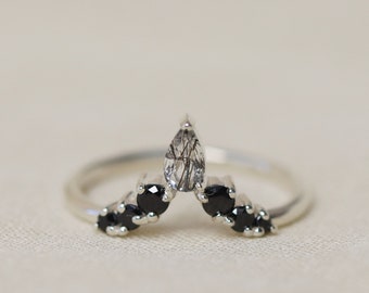 Diadem Ring with Tourmalinated Quartz and Black Spinel, Crown Ring, Tiara Ring, Wedding Band, Gemstone Chevron Ring, Black Rutilated Quartz