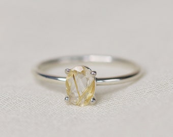 7x5 Oval Golden Rutilated Quartz Solitaire Ring, Gold Rutile Quartz Jewelry Rutilated Quartz Engagement Ring, 14k Solid Gold Sterling Silver