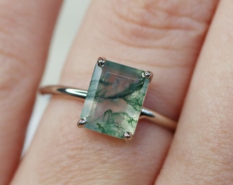 9x7 Emerald Cut Moss Agate Solitaire Ring