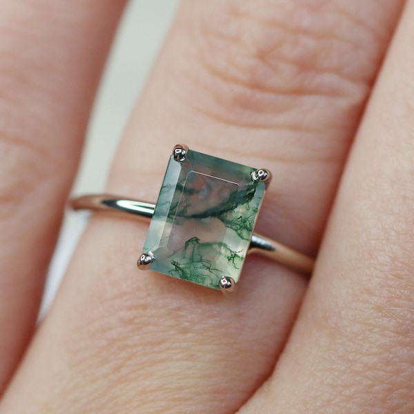 9x7 Emerald Cut Moss Agate Solitaire Ring, Faceted Moss Agate Engagement Ring, Green Moss Agate, Solitaire, 14k Solid Gold, Sterling Silver