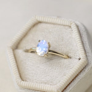 7x5 Oval Moonstone Solitaire Ring, Faceted Rainbow Moonstone Engagement Ring, June Birthstone, 14k Solid Gold Sterling Silver Something Blue image 2