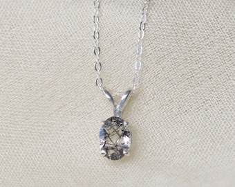 Tourmalinated Quartz Necklace, 7x5 Oval, Black Rutilated Quartz Necklace, Tourmalinated Quartz Necklace, Black Rutile, Pendant Necklace