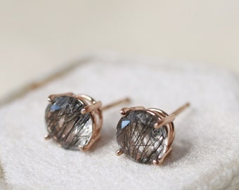 Black Rutilated Quartz Earrings, Tourmalinated Quartz Earrings, Stud Earrings, 7mm Round Faceted Stud Earrings, Quartz Crystal Earrings