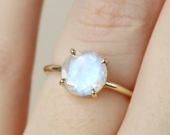 8mm Round Faceted Moonstone Solitaire Ring