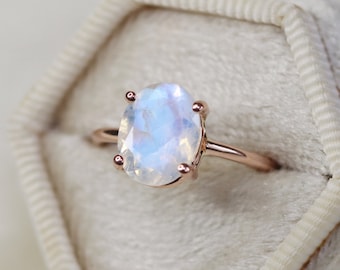 10x8 Oval Moonstone Solitaire Ring, Faceted Rainbow Moonstone Engagement Ring, June Birthstone Ring, Something Blue, 14k Solid Gold Silver