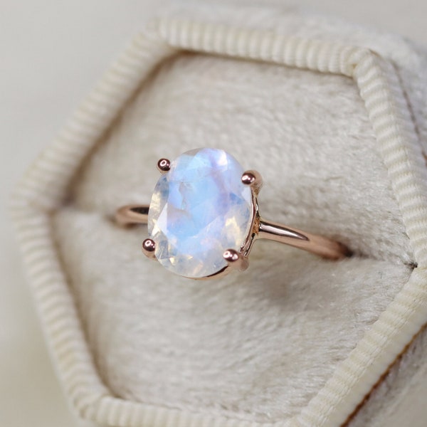 10x8 Oval Moonstone Solitaire Ring, Faceted Rainbow Moonstone Engagement Ring, June Birthstone Ring, Something Blue, 14k Solid Gold Silver