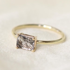 East West Tourmalinated Quartz Solitaire Ring - 7x5 Emerald Cut, 14k Gold or Sterling Silver