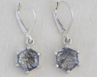 Hexagon Tourmalinated Quartz Earrings, Lever Back Dangle Earrings, Faceted Black Rutilated Quartz Drop Earrings, Sterling Silver or 14k Gold