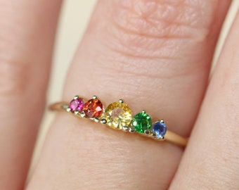 Rainbow Ring, Rainbow Sapphire Ring, Stacking Rainbow Ring, September Birthstone Ring, Rainbow Jewelry, Solid Gold Silver, Colorful Ring,