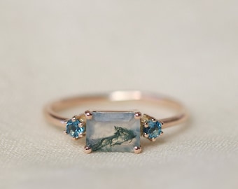 Trilogy Ring with Moss Agate and London Blue Topaz