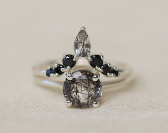Diadem Bridal Set with Tourmalinted Quartz and Black Spinel, Engagement Ring Set, Wedding Ring Set, Salt and Pepper, Black Rutilated Quartz