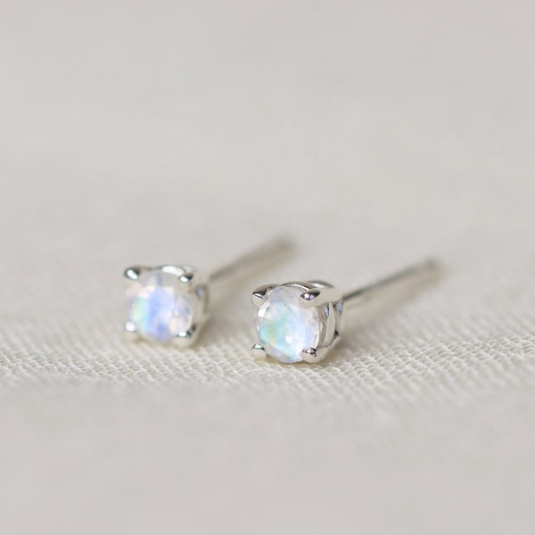 Moonstone Stud Earrings, 3mm Round Moonstone Studs, Faceted Moonstone, June Birthstone Earrings, Bridal Jewelry, Moonstone Wedding Jewelry