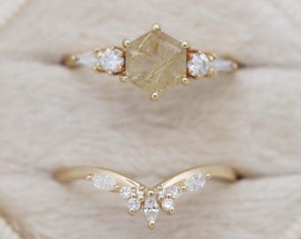 The Huntington & Gossamer Bridal Set - Golden Rutilated Quartz Engagement Ring, 14k Gold, Diamond Accents