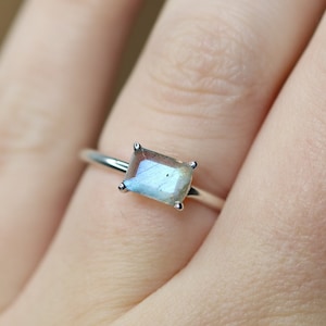7x5 Emerald Cut Labradorite Solitaire Ring, Faceted Labradorite Engagement Ring, East West Setting, 14k Solid Gold, Sterling Silver