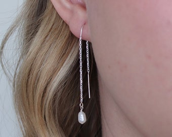 Delicate Pearl Threader Earrings, Freshwater Pearl Earrings, Threaded Earrings, Bridal Jewelry Bridesmaid Gift, June Birthstone Gift For Her