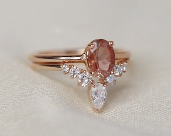 Diadem Bridal Set with Oregon Sunstone and Moissanite or Diamonds, Oregon Sunstone Wedding Ring Set, Engagement Ring and Wedding Band Set