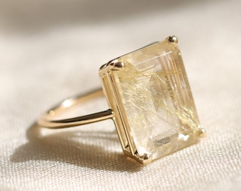 16x12 Emerald Cut Golden Rutilated Quartz Solitaire Ring