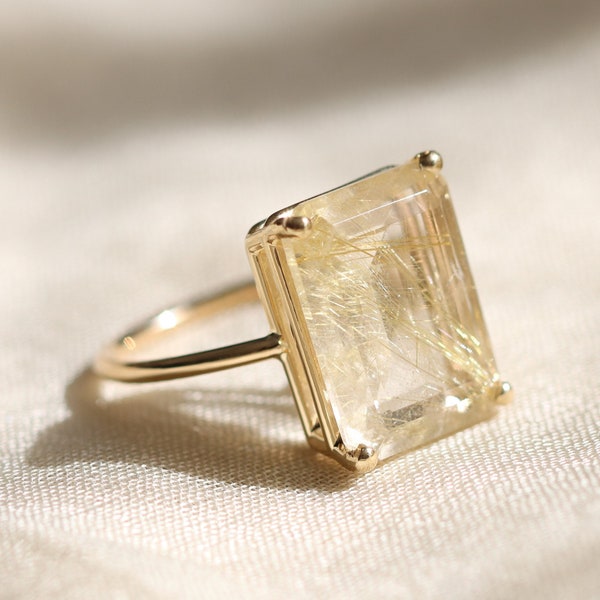 16x12 Emerald Cut Golden Rutilated Quartz Solitaire Ring, Gold Rutilated Quartz Emerald Cut Cocktail Ring, Statement Ring, 14k Solid Gold