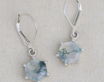 Hexagon Moss Agate Earrings, Lever Back Dangle Earrings, Faceted Moss Agate Drop Earrings, Sterling Silver or 14k Solid Gold, Aquatic Agate