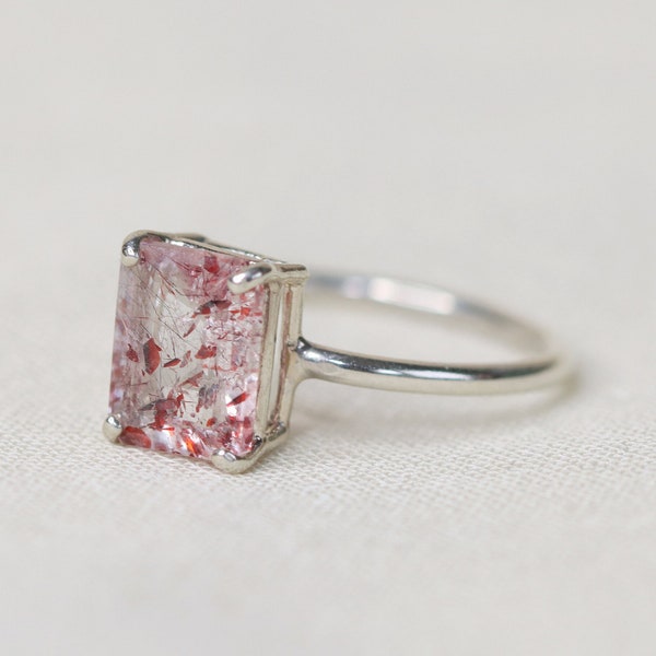 9x7 Emerald Cut Fire Quartz Solitaire Ring, Strawberry Quartz Ring, Super 7, Lepidocrocite, Rutilated Quartz, Faceted Strawberry Quartz Ring