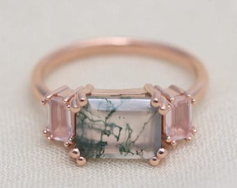 Florence Ring - 14k Gold, East West Emerald Cut Moss Agate & Rose Quartz