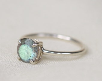 7mm Faceted Labradorite Solitaire Ring, Labradorite Engagement Ring, Round Brilliant, Blue Green, 4 Prong Round, 14k Solid Gold, Silver