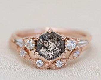 The Huntington & Nazar Bridal Set - 14k Gold, Tourmalinated Quartz, Diamonds