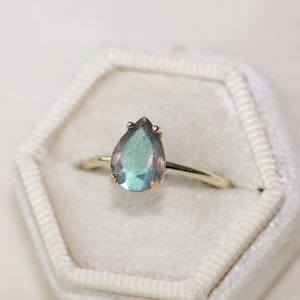 10x7 Pear Labradorite Solitaire Ring, Faceted Pear Shape Labradorite Ring, Labradorite Engagement Ring, Green Teal Blue, 14k Gold or Silver