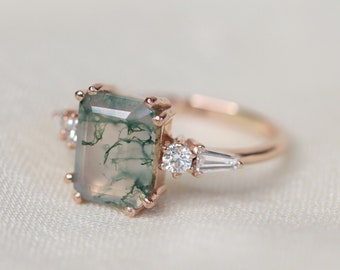 Neptune Ring with Moss Agate and Diamonds, Moss Agate Engagement Ring, Emerald Cut Moss Agate Ring, 14k Gold, Solid Gold, Diamond Accents