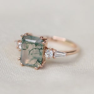 Neptune Ring with Moss Agate and Diamonds, Moss Agate Engagement Ring, Emerald Cut Moss Agate Ring, 14k Gold, Solid Gold, Diamond Accents