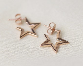 Starstruck Earrings, Star Hoop Earrings, Celestial Jewelry, Push Back Hoop Earrings, Sterling Silver and Solid 14k Gold, Star Stud Earrings