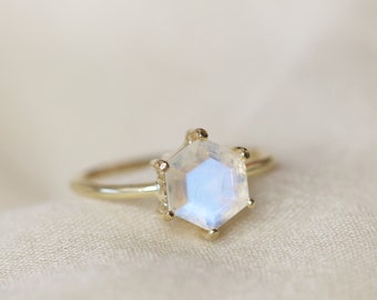 8mm Hexagon Moonstone Solitaire Ring