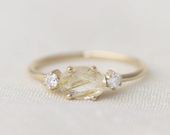 Trilogy Ring with Golden Rutilated Quartz and Diamonds