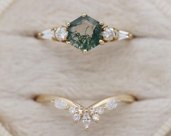 The Huntington & Gossamer Bridal Set - Moss Agate Engagement Ring, 14k Gold, Diamond Accents