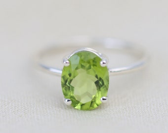 10x8 Oval Peridot Solitaire Ring, August Birthstone Ring, Large Peridot Ring, Peridot Engagement Ring, 14k Solid Gold Sterling Silver Green