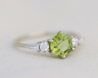 The Huntington Ring with Peridot and Diamonds, Peridot Engagement Ring, Hexagon Peridot Ring, 14k Solid Gold, August Birthstone, Lab Grown