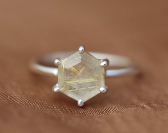 8mm Hexagon Golden Rutilated Quartz Solitaire Ring