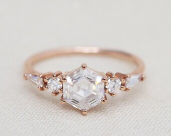 The Huntington Ring - Hexagon Engagement Ring, 14k Gold & Moissanite or Lab Grown Diamonds