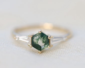 Mist Ring with Moss Agate and Diamonds, Hexagon Moss Agate Engagement Ring, Elongated Baguette Diamond Ring, 14k Solid Gold, Lab Diamonds