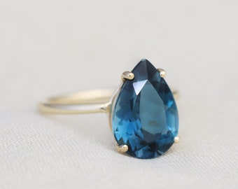 13x9 Pear London Blue Topaz Solitaire Ring, London Blue Topaz Engagement Ring, Pear Cut Pear Shape Teardrop, Something Blue, 14k Solid Gold