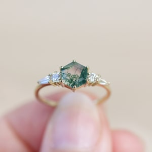 The Huntington Ring in Moss Agate, Moss Agate Engagement Ring, Hexagon Moss Agate Ring, 14k Gold, Solid Gold, Art Deco Inspired, Diamond