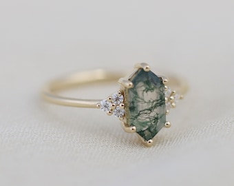 Willow Ring, Moss Agate Engagement Ring with Diamond Accents, Moissanite, Lab Grown or Natural Diamonds and Solid 14k Gold Yellow Rose White