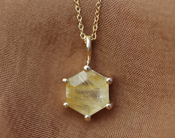 8mm Hexagon Golden Rutilated Quartz Pendant Necklace, Golden Rutilated Quartz Jewelry, Gold Rutile Quartz, 14k Solid Gold, Sterling Silver