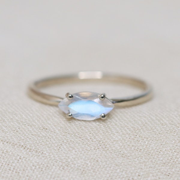 8x4 Marquise Moonstone Solitaire Ring, Faceted Rainbow Moonstone Engagement Ring, East West Setting, June Birthstone, 14k Solid Gold