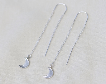 Crescent Moon Threader Earrings, Silver Moon Earrings, Threader Earrings, Threaded Earrings, Celestial Jewelry, Witchy Jewelry