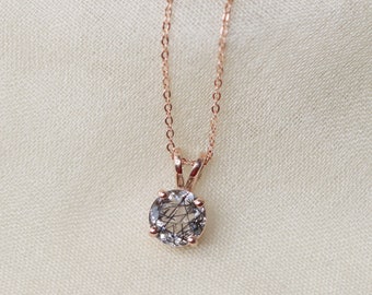 Black Rutilated Quartz Pendant Necklace, Tourmalinated Quartz Necklace, 7mm Round Faceted Necklace, Quartz Crystal Necklace Gemstone Jewelry
