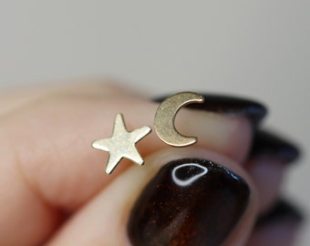 14k Solid Gold Moon & Stars Stud Earring Set