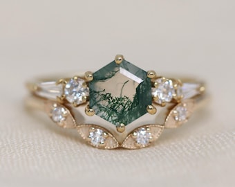 The Huntington & Nazar Bridal Set - 14k Gold, Moss Agate, Diamonds