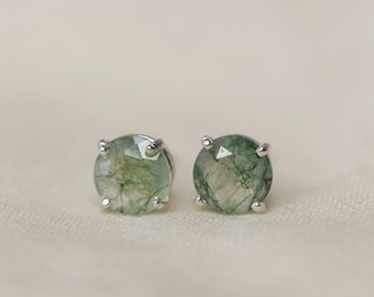 Moss Agate Stud Earrings, 7mm Round Faceted Moss Agate Stud Earrings, Moss Agate Jewelry, Aquatic Agate Earrings, Green Agate, Natural Stone