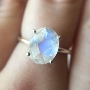 10x8 Oval Checkerboard Moonstone Solitaire Ring, Faceted Rainbow Moonstone Engagement Ring, June Birthstone, 14k Solid Gold, Sterling Silver